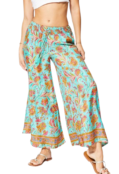 Pantalon fluide fleuri - Femme- Turqouise - Aller Simplement
