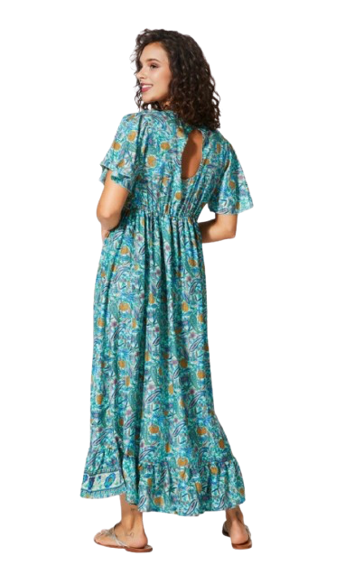 Robe longue bohème - turquoise , jaune & écru
