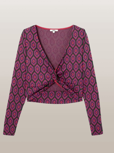 Top à manches longue , décolleté plongeant avec nœud - Motifs fantaisie