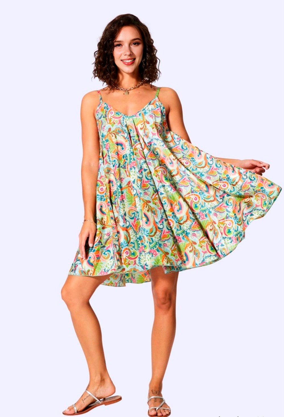 🌼 Robe trapèze fluide à bretelles fines - Femme- Coloris multicolore - Aller Simplement