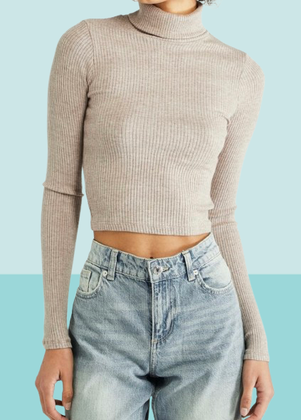 Pull côtelé beige - col roulé