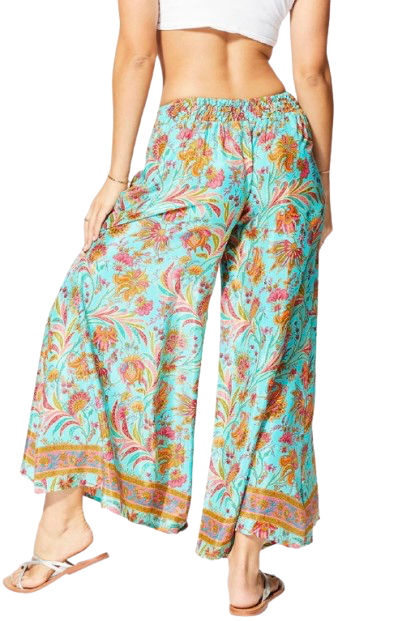 Pantalon fluide fleuri - Femme- Turqouise - Aller Simplement