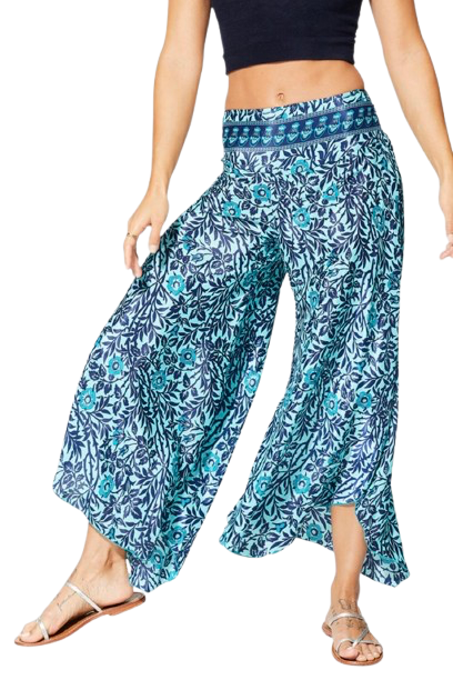 Pantalon fluide bohème - Femme  - crème et bleu Aller Simplement