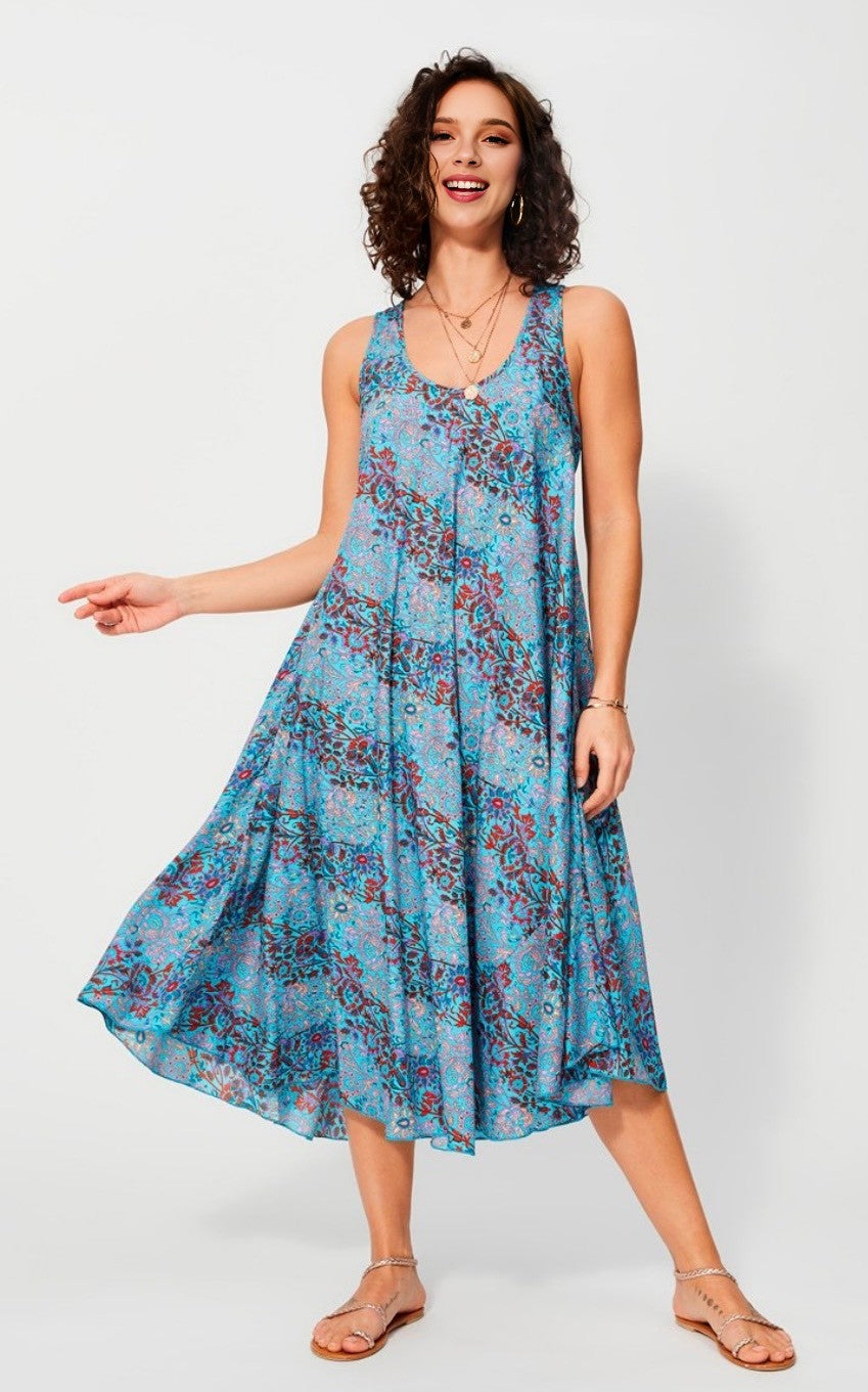 Robe trapèze bohème - Femme - turquoise - Aller Simplement