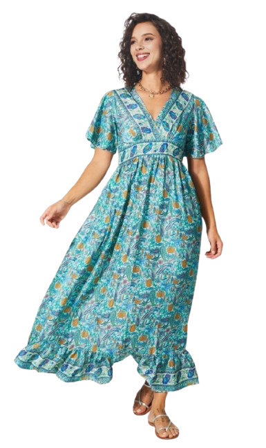 Robe longue bohème - turquoise , jaune & écru