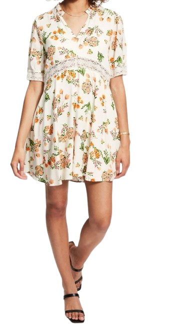 Robe trapèze courte fleurie  & écru -  Taille 36