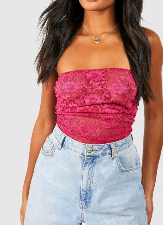 Top Bustier en Dentelle Femme - Boohoo- Rouge
