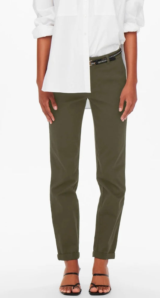 Only - Pantalon droit taille haute vert olive