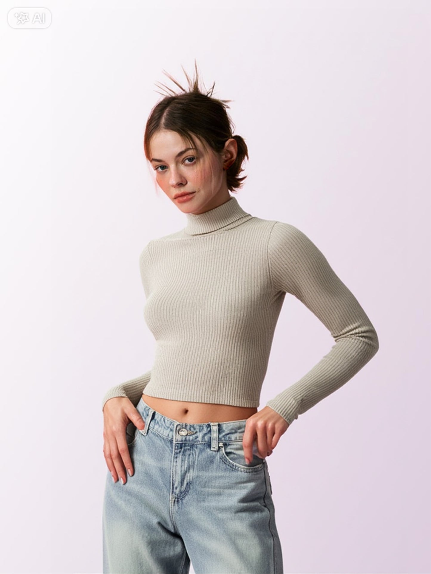 Pull côtelé beige - col roulé