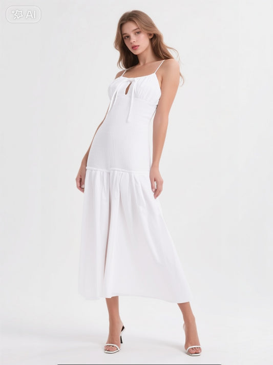 ✨Robe blanche midi - Bretelles et dos smocké