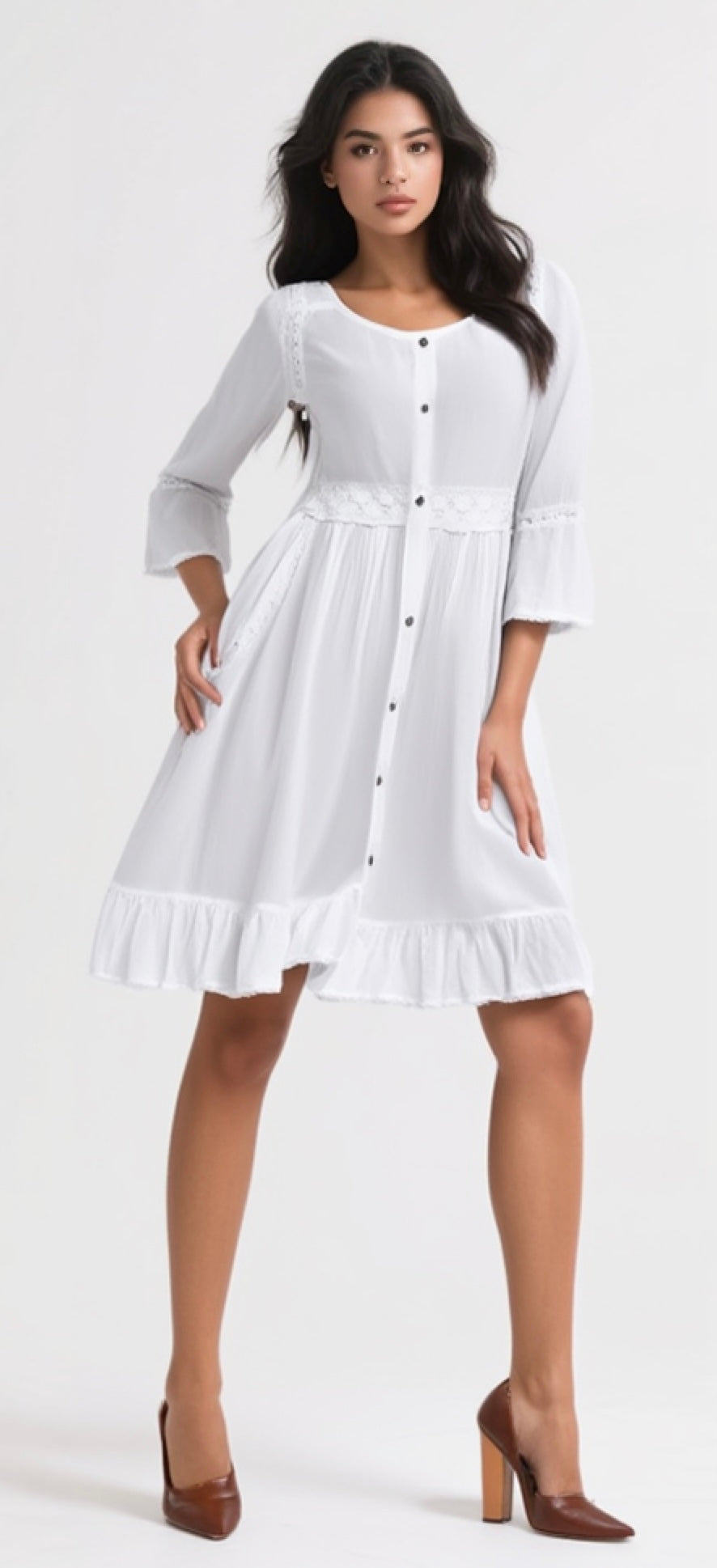 👗 Robe blanche à volants - Boutonnés devant